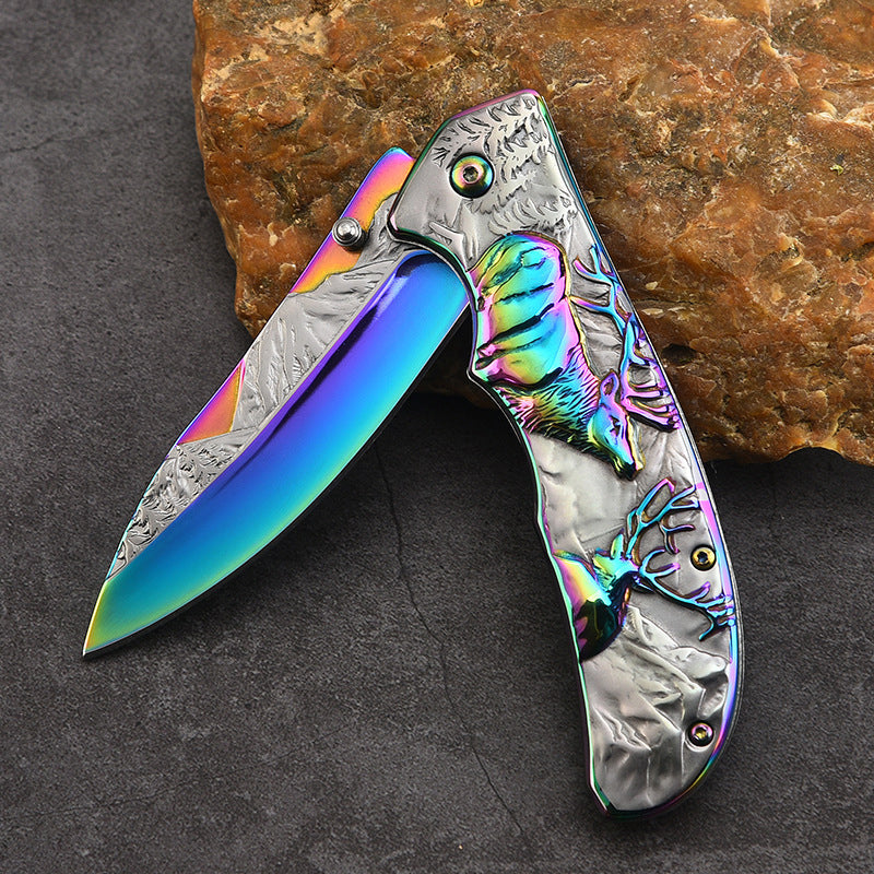 Embossed Deer Handle Folding Outdoor Pocket Colorful Tool