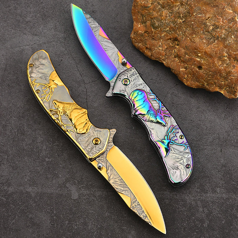 Embossed Deer Handle Folding Outdoor Pocket Colorful Tool