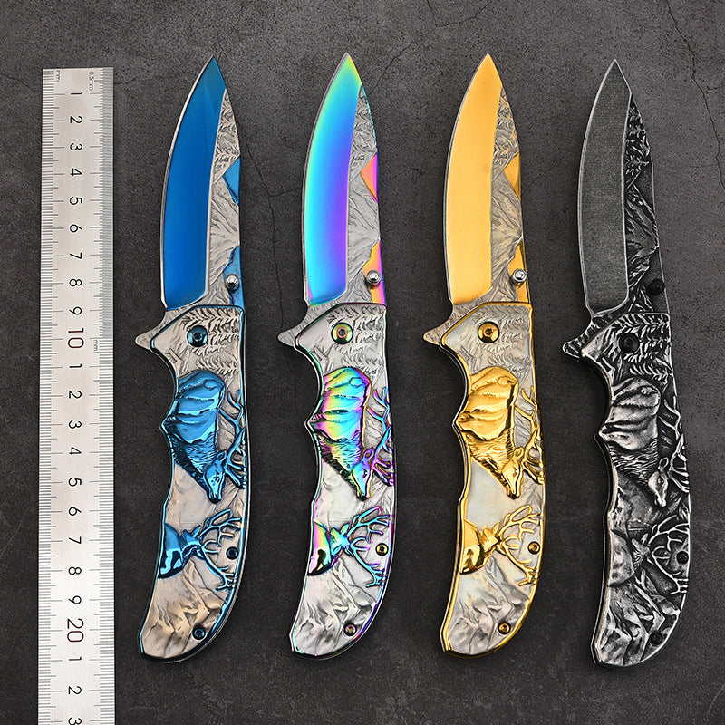 Embossed Deer Handle Folding Outdoor Pocket Colorful Tool