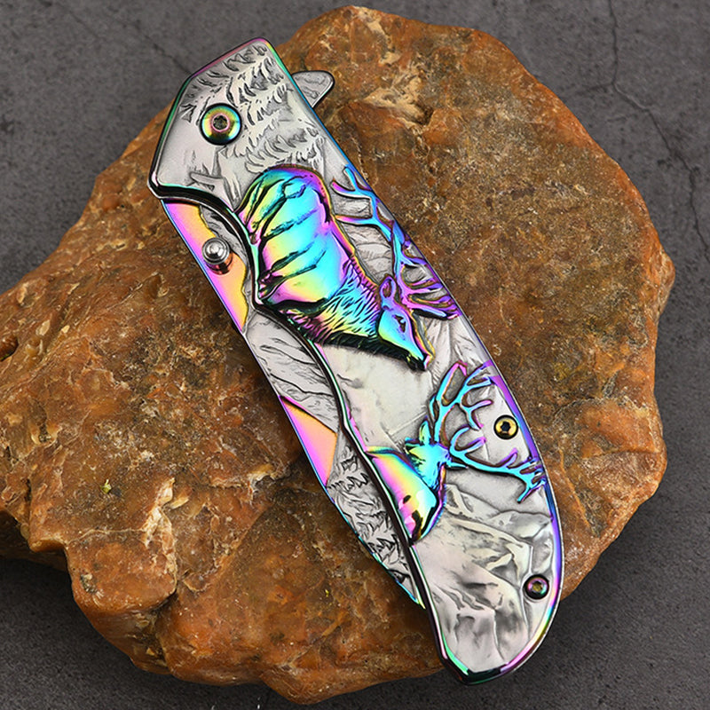 Embossed Deer Handle Folding Outdoor Pocket Colorful Tool