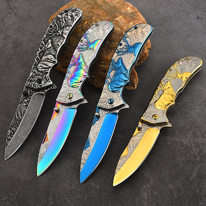 Embossed Deer Handle Folding Outdoor Pocket Colorful Tool