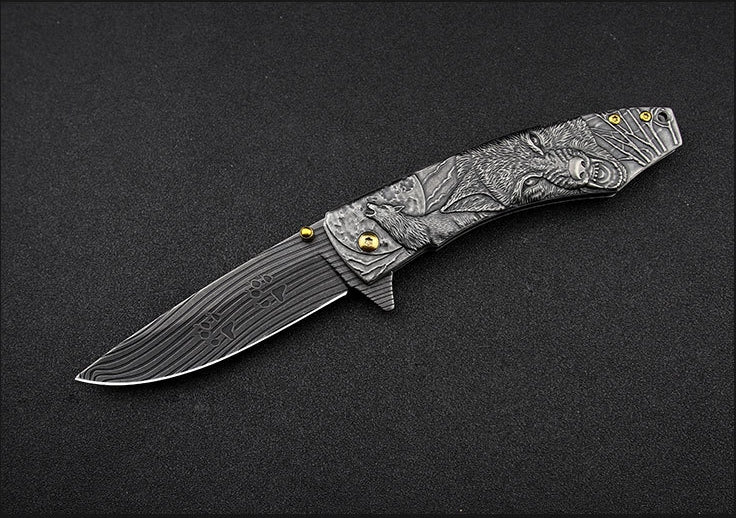 Wolf-Embossed Handle Folding Outdoor Camping Pocket EDC Tool
