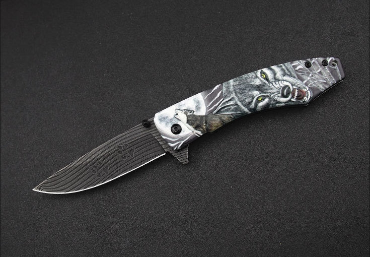Wolf-Embossed Handle Folding Outdoor Camping Pocket EDC Tool